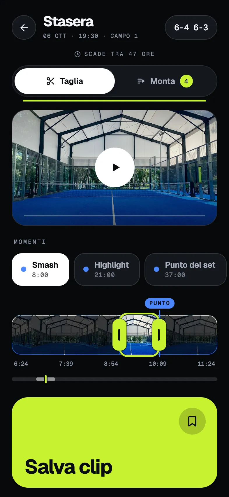 L’editor: i momenti della partita e le maniglie per tagliare la clip